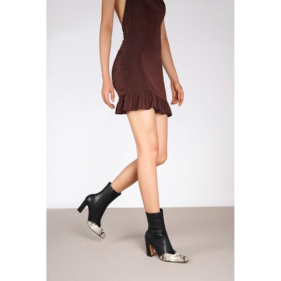 Women's Black Ankle Boots Square Toe High Block Chunky Heel Snakeskin Booties - Picture 3 of 7